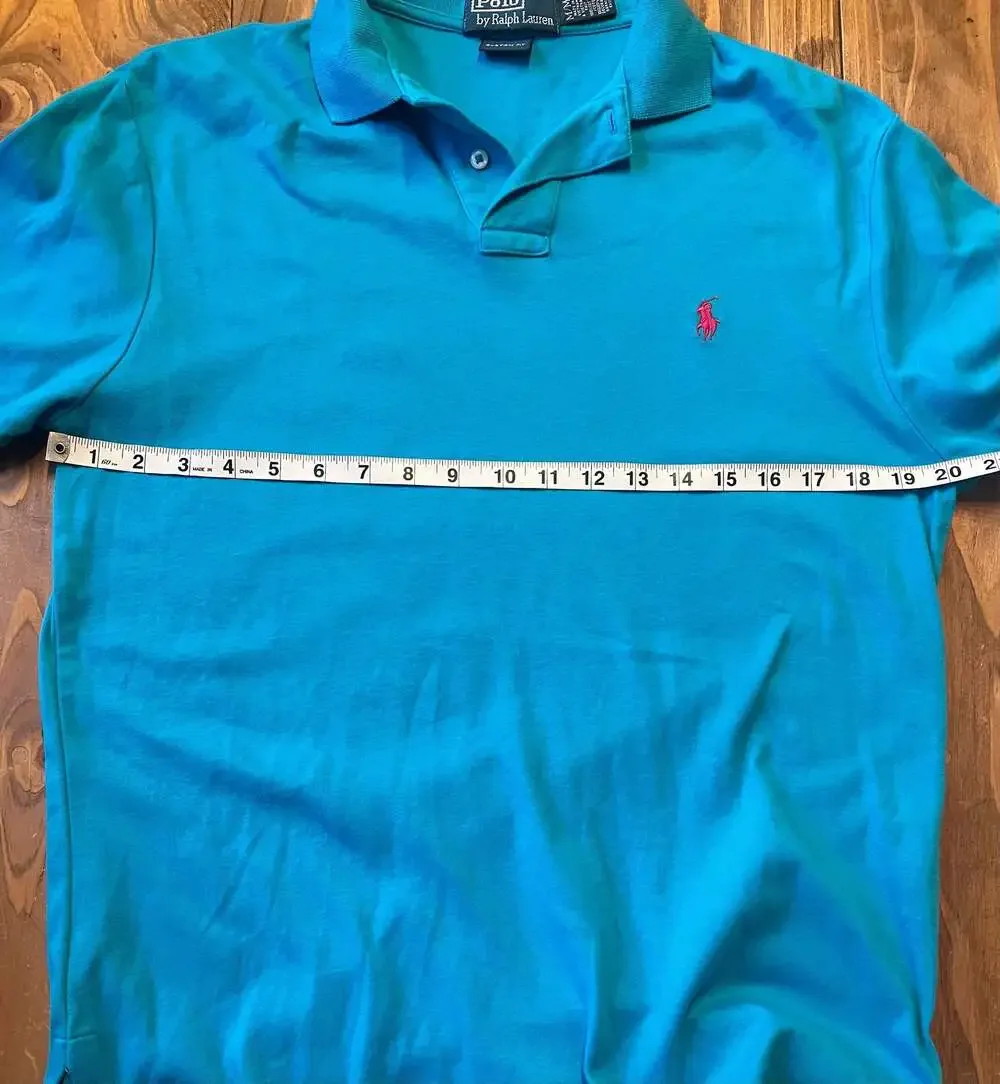 Polo Ralph Lauren Custom Fit Pique Polo Shirt Turquoise Blue with Pink Pony M
